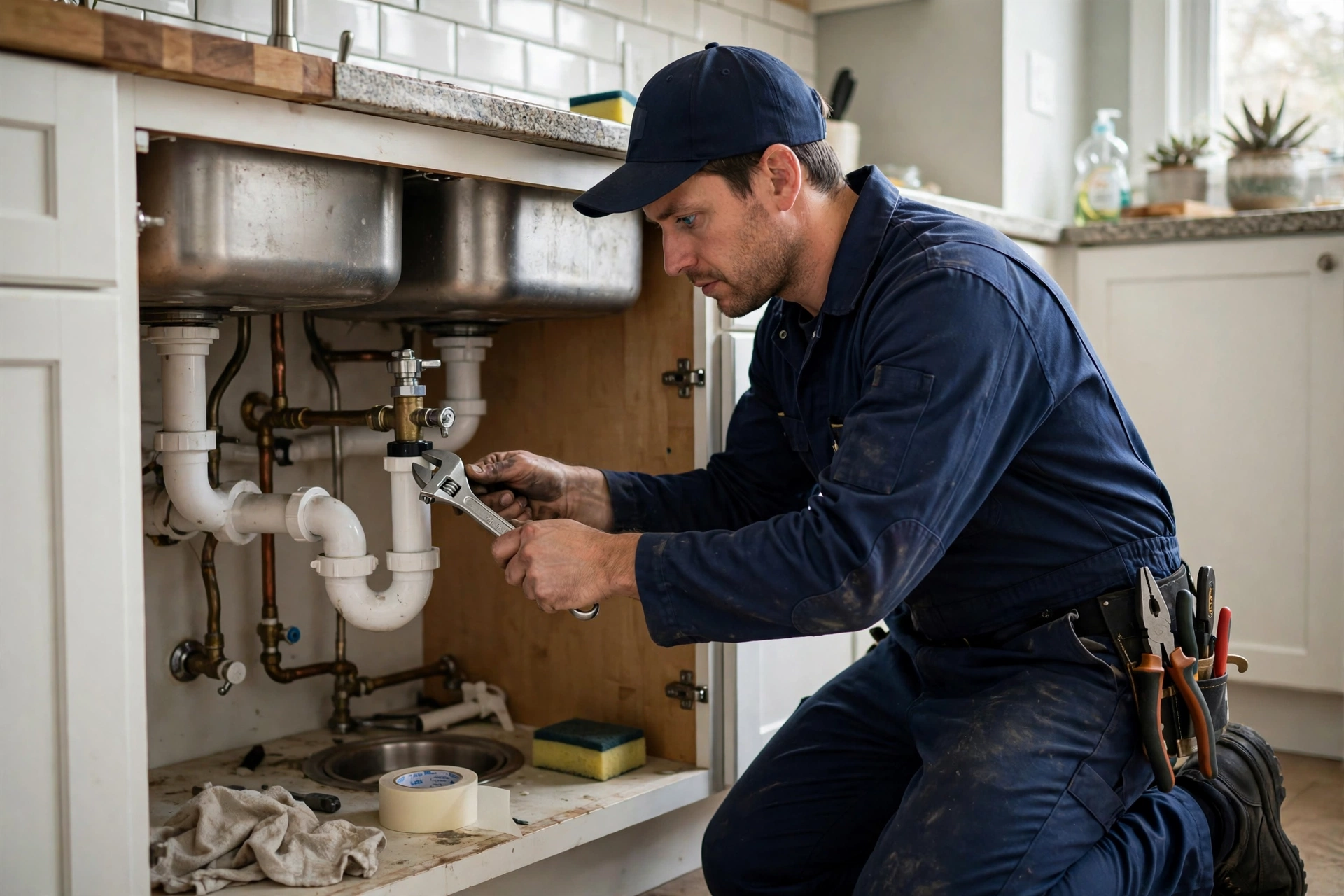 Plumber repairing a kitchen faucet in a Trumbull home
