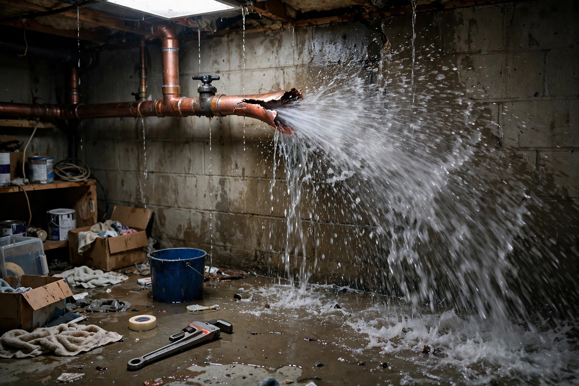 Burst copper pipe spraying water in a basement, an emergency plumbing repair situation