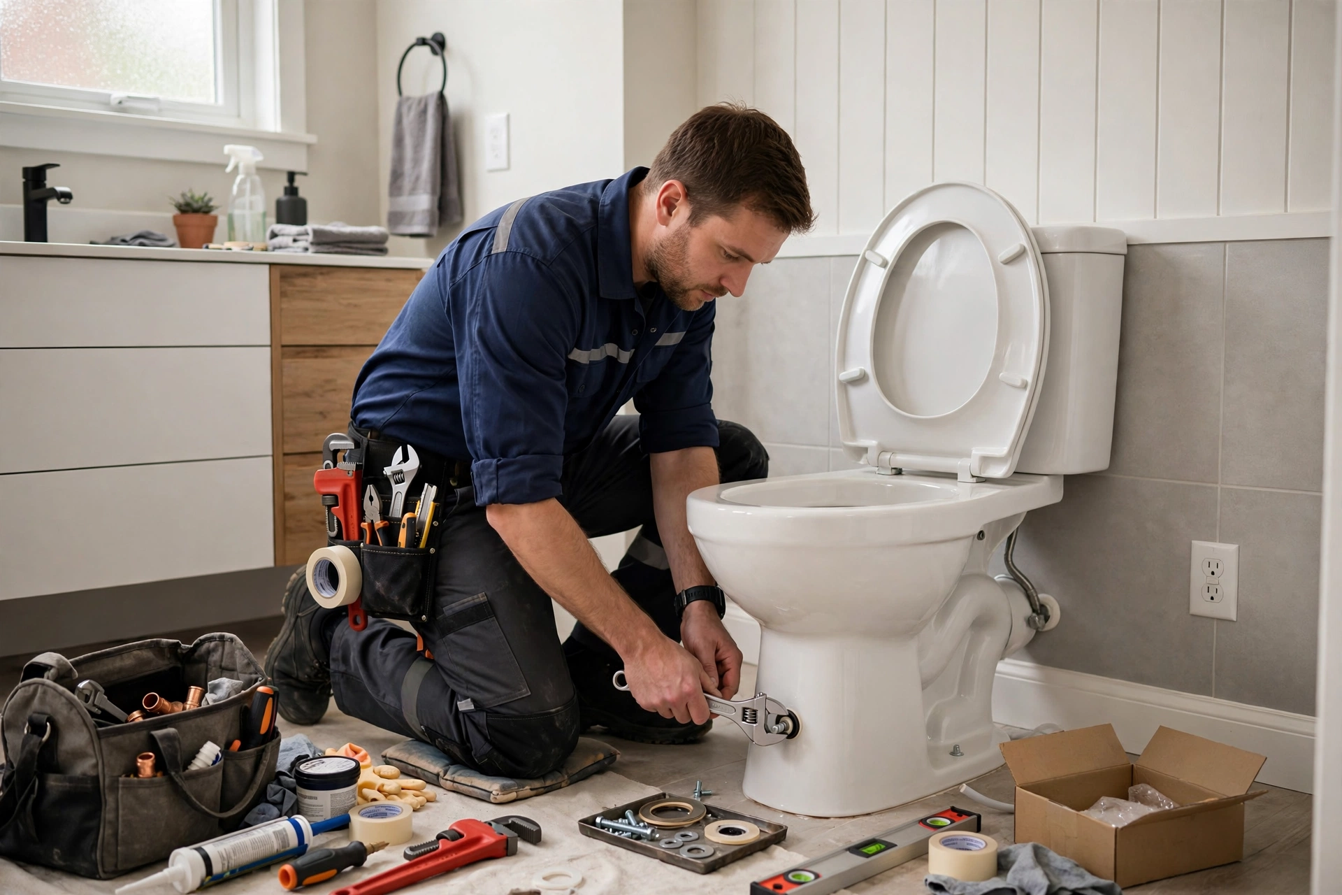 Plumber installing a new toilet in a residential bathroom