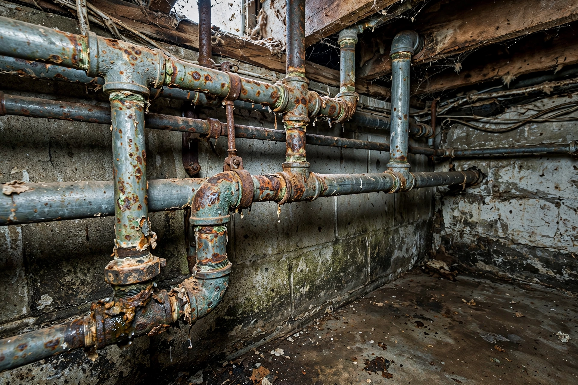 Old corroded galvanized steel pipes in a basement of an older Connecticut home