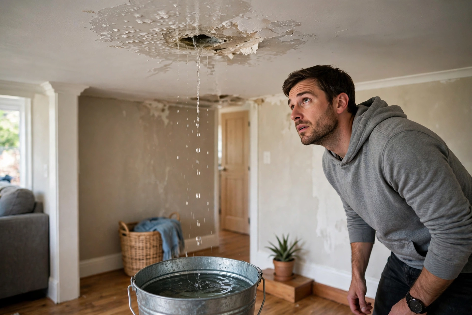 Water leaking from a ceiling with a bucket catching drips