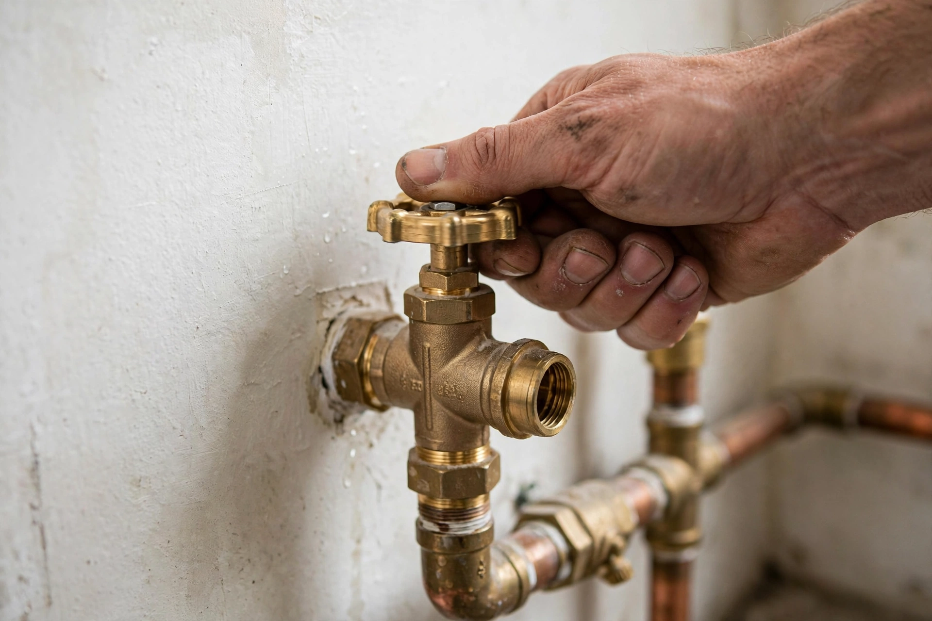 Close-up of a plumber's hand turning a brass main water shutoff valve on a wall