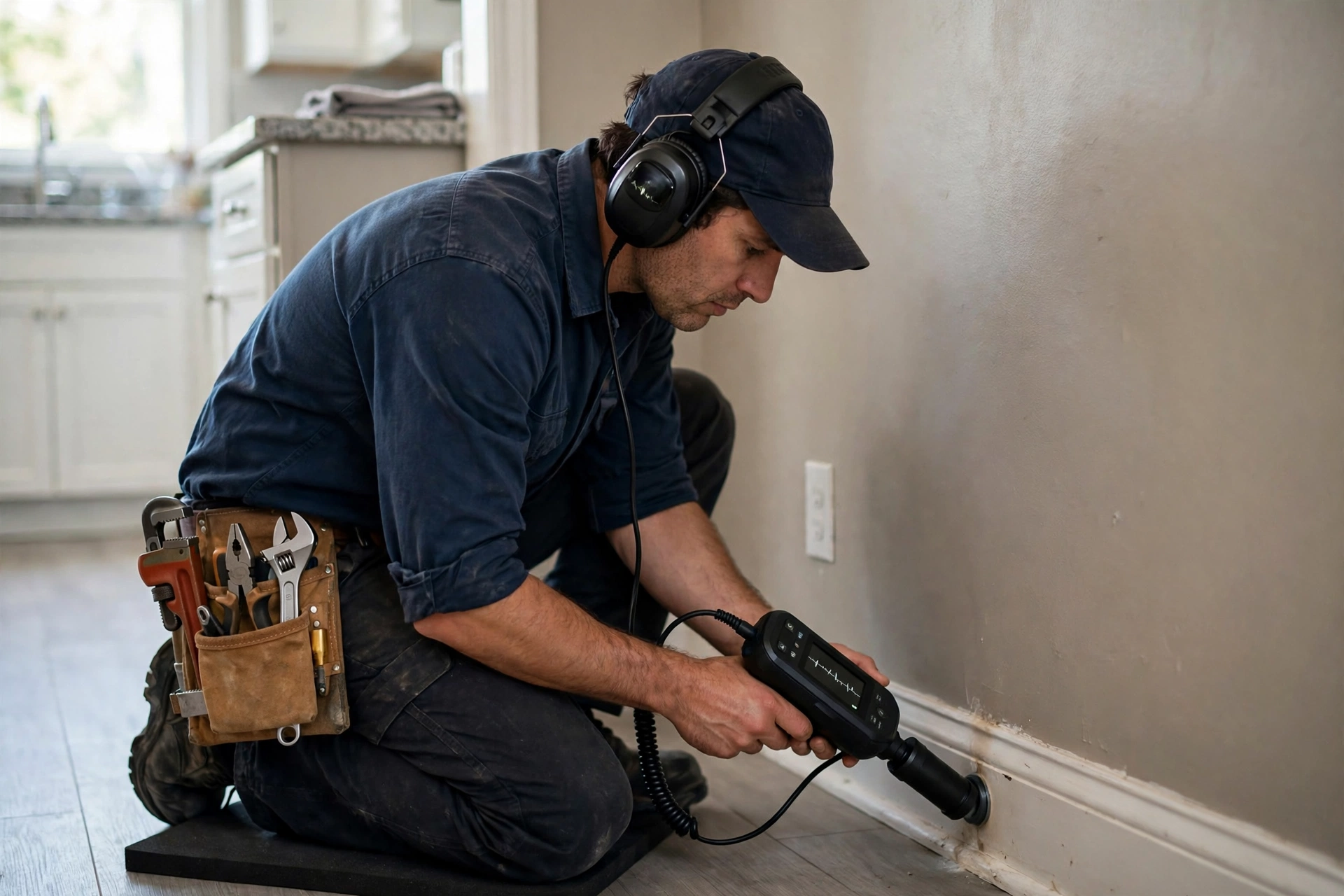 Plumber using electronic leak detection equipment with acoustic sensors near a wall