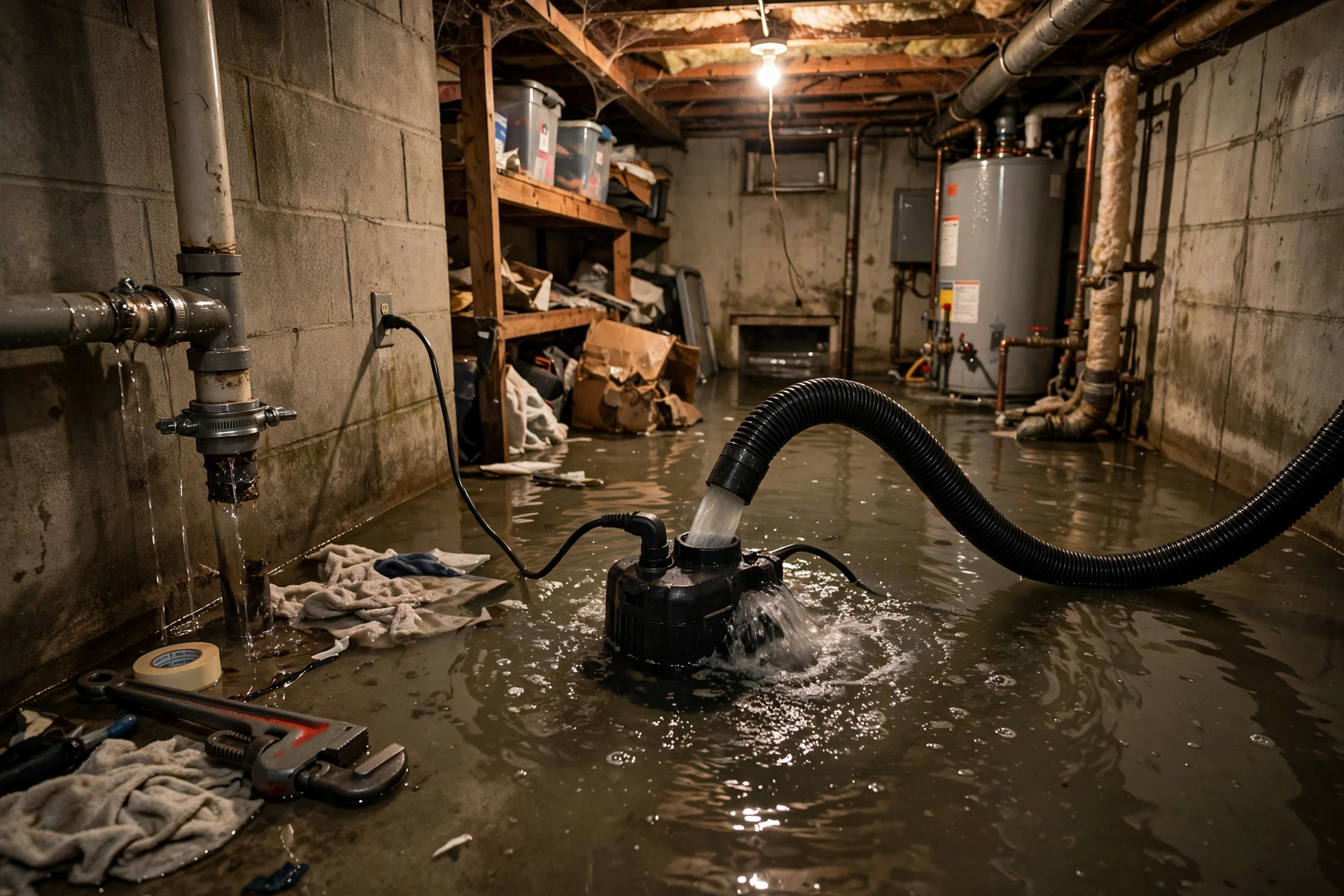 Flooded home basement with standing water being removed by a submersible pump