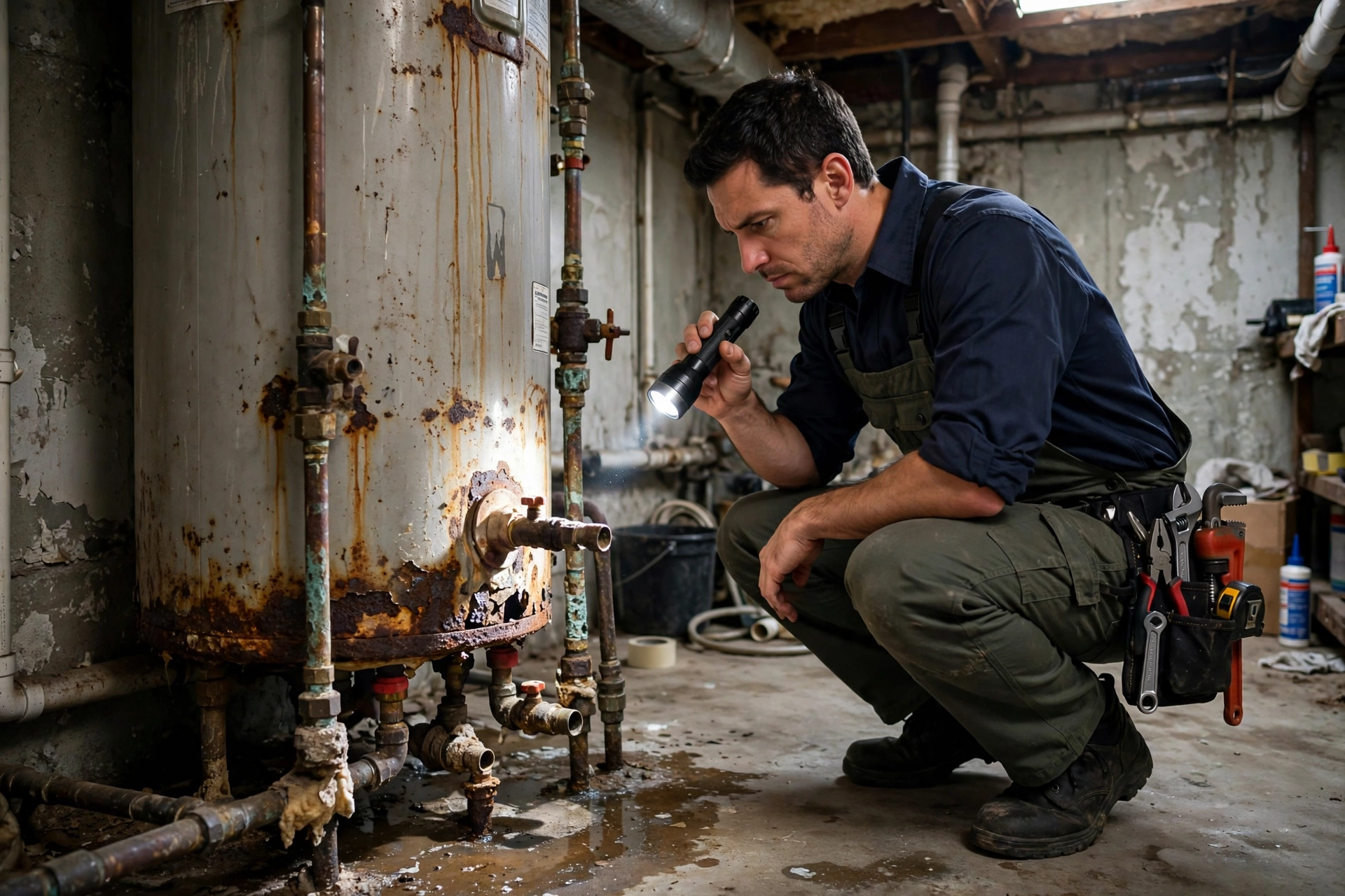 Plumber inspecting a corroded water heater