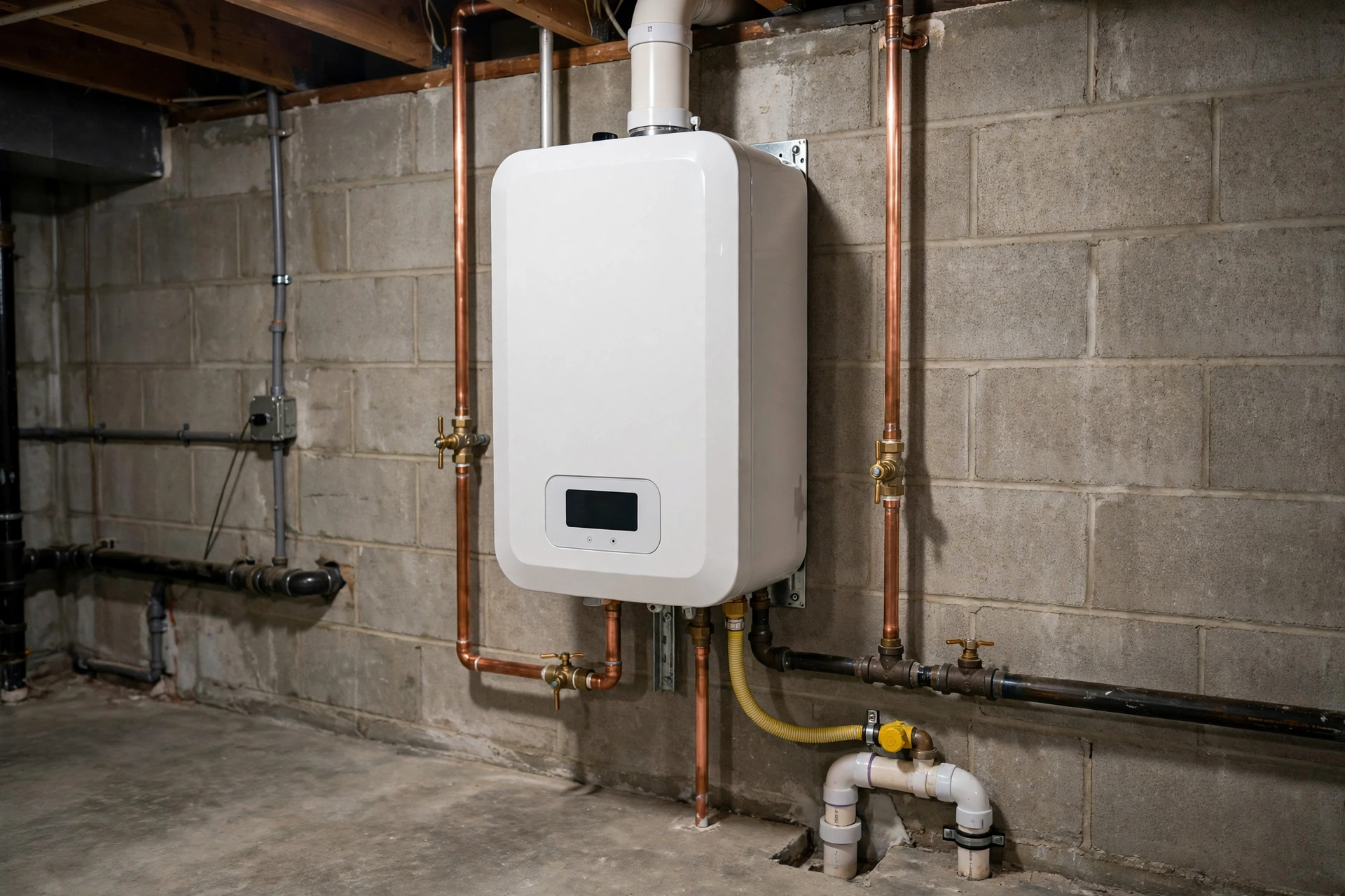 New tankless water heater installed on a basement wall with clean pipe connections