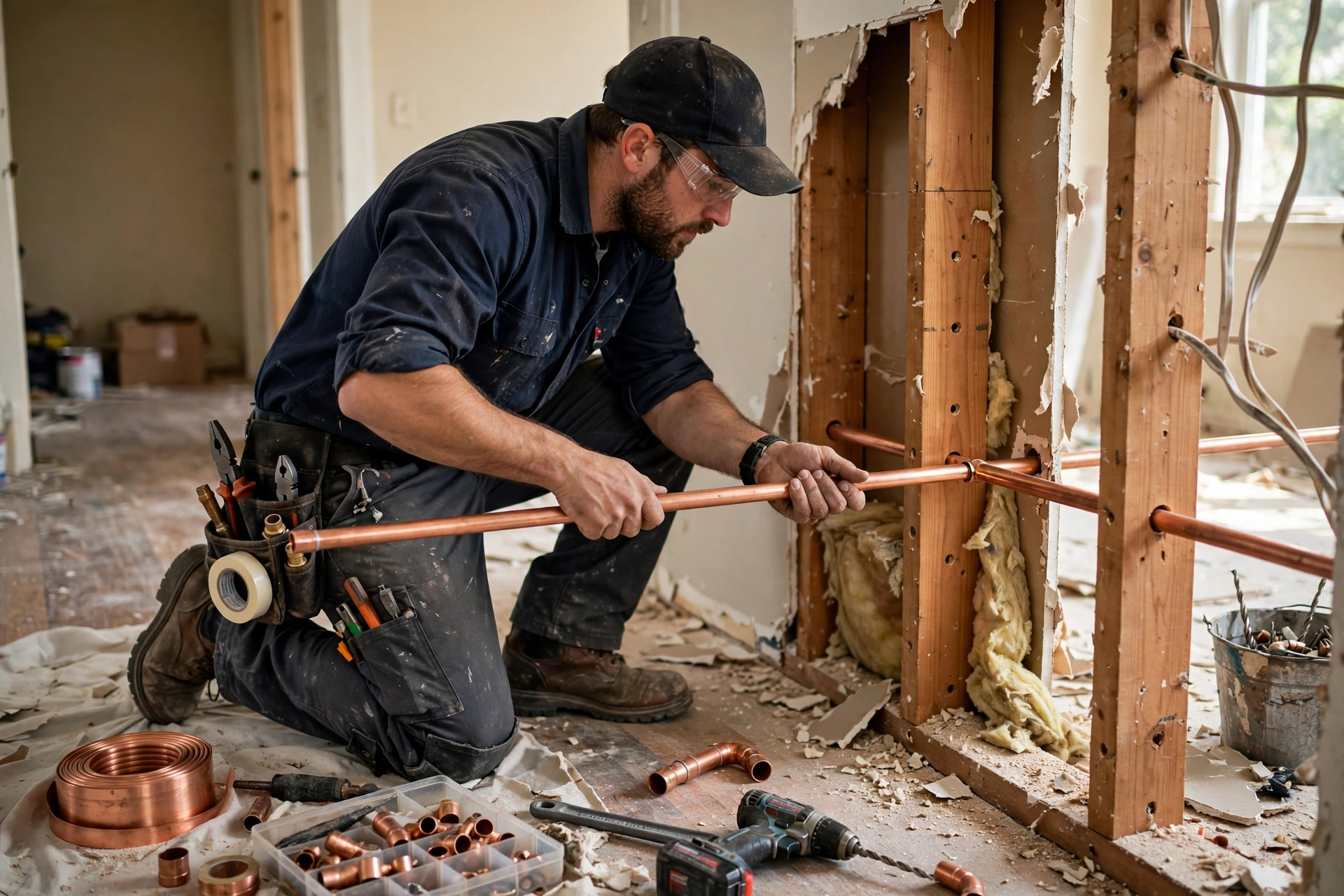 Plumber running new copper supply lines through an open wall during a whole-house repiping project