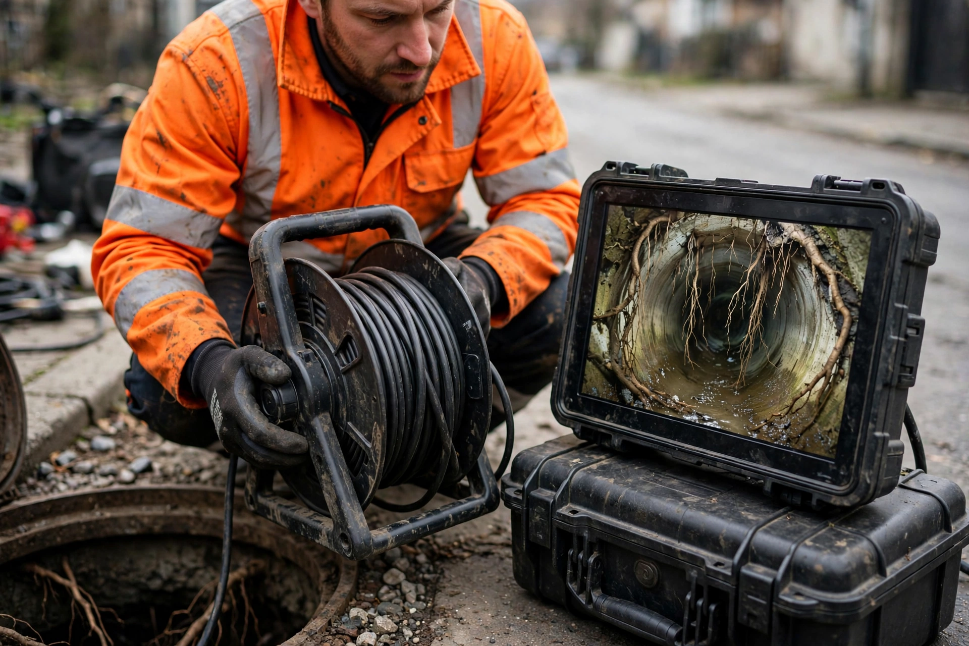 Drain camera inspection monitor showing the inside of a sewer line while a plumber holds the camera reel